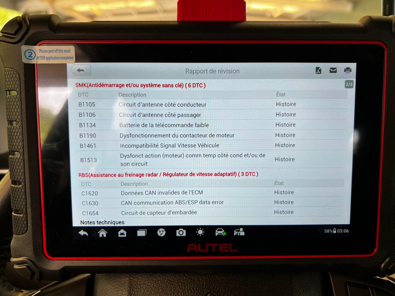 Diagnostic OBD2 Autel — rapport défauts VerifKar